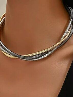 NEW Chunky Gold Choker Collar Necklace Trendy Snake Like Silver & Gold Jewelry